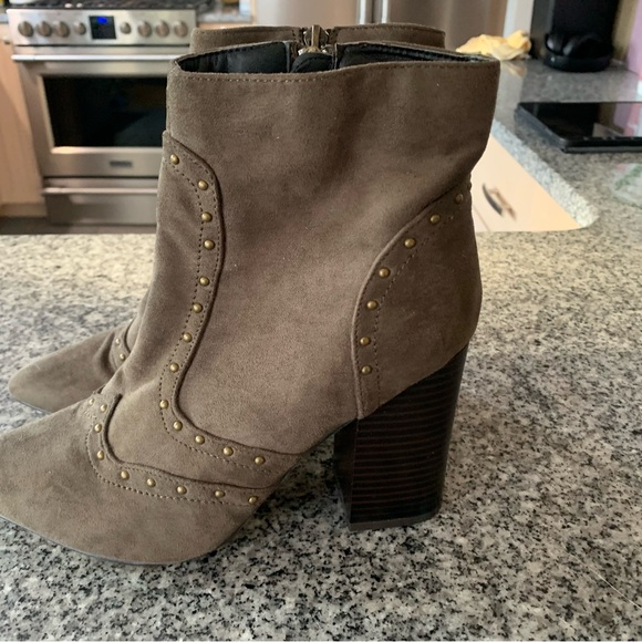 Army Greenish Gray Suede Zip Side Booties with 3 1/4 inch Wood Color Heel - Picture 2 of 3